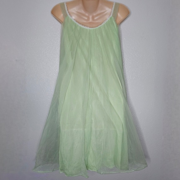 Vintage Mint Green Sheer Babydoll Nightgown Ruffle Lace - Picture 2 of 9